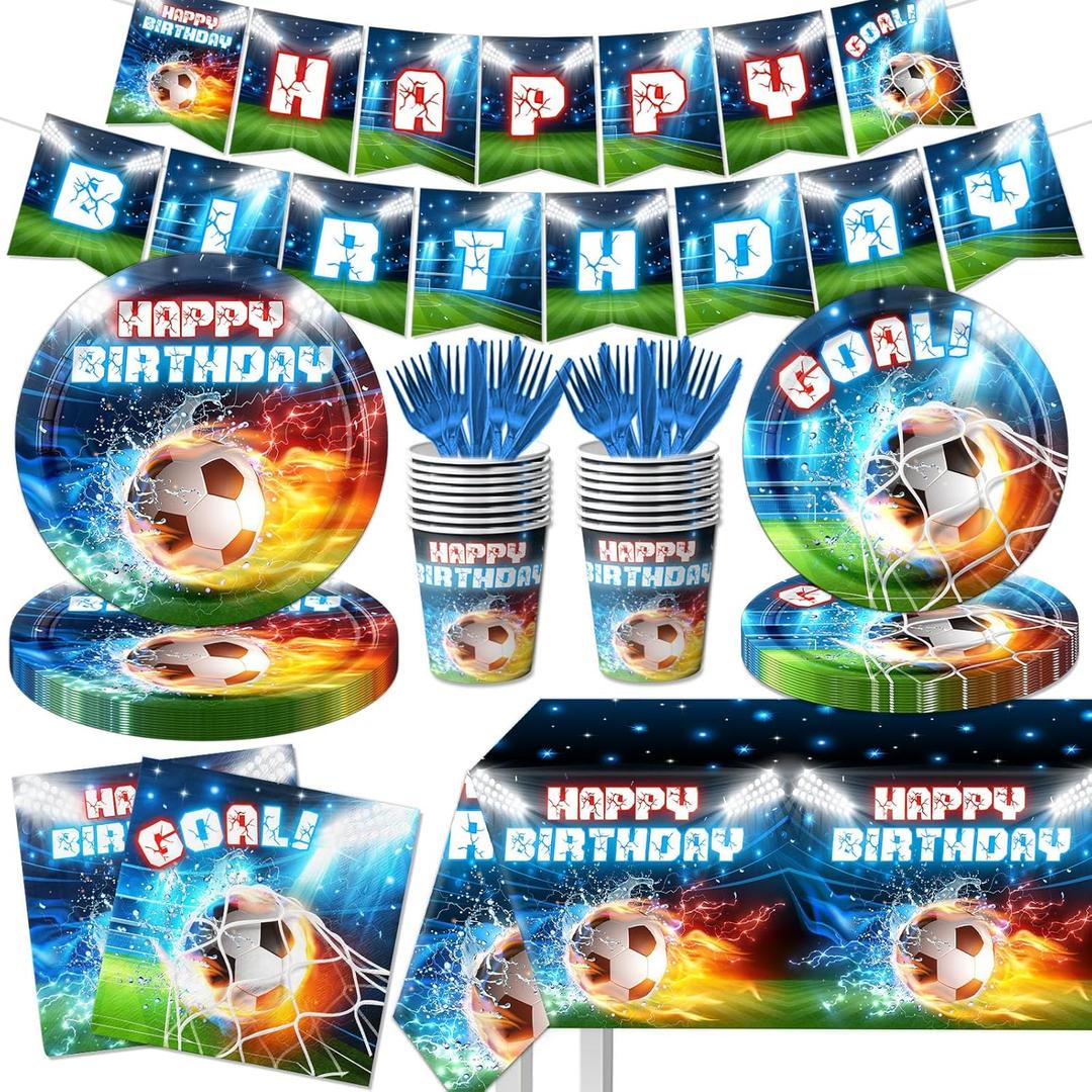 Soccer Party Decorations, 142Pcs Soccer Birthday Party Supplies Tableware Set Includes Soccer Plates and Napkins,Cups,Banner,Tablecloth for Soccer Sports Theme Birthday Decorations