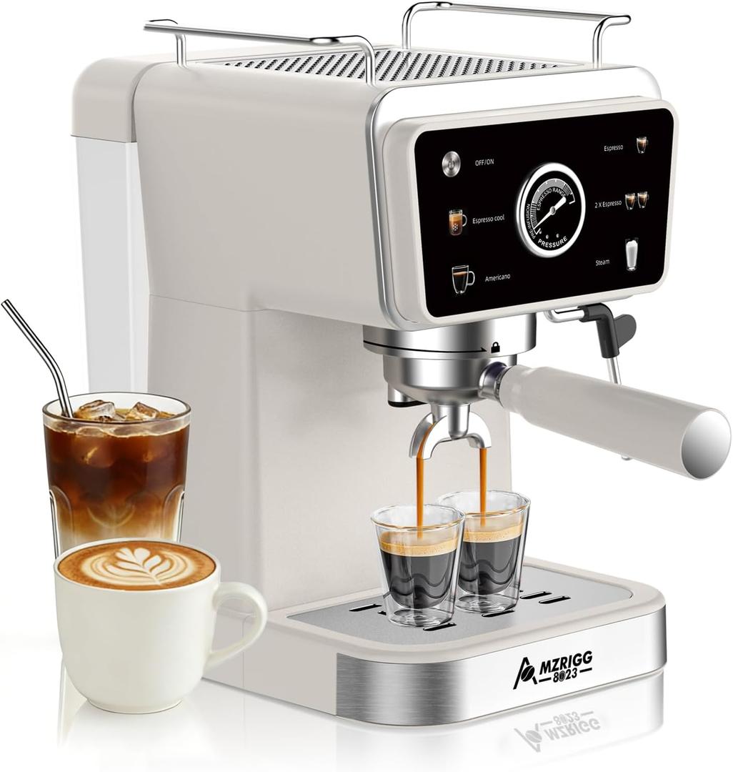 MZRIGG 8023 20 Bar Semi-Automatic Espresso Machine, 1350W Fast Heating Coffee Maker with Milk Frother Steam Wand, 1.5L Removable Water Tank & Cup Warmer, White for Home Office Beginners Baristas
