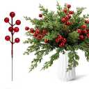 Artificial Faux Christmas Norfolk Pine Stems Branches for Vases,35 Bundles Fake Evergreen Real Touch Greenery Stem with 10 PCS Red Berry Branches for Xmas Holiday Winter Table Indoor Decor (B)