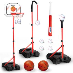 3-In-1 Kids Basketball Hoop and T Ball Set for Age 3-5 6-8, Adjustable Toddler Basketball Hoop, Hanging Tee Ball for Outdoor, Birthday Christmas Sport Toys Gift for Boys Girls 3 4 5 6 7 8 Year Olds