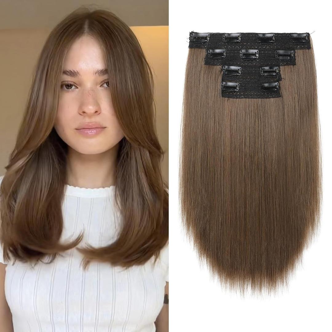 Hair Extensions, 14" Short Clip in Hair Extensions 4PCS Straight Natural Soft Synthetic Hairpiece for Women - Light Brown