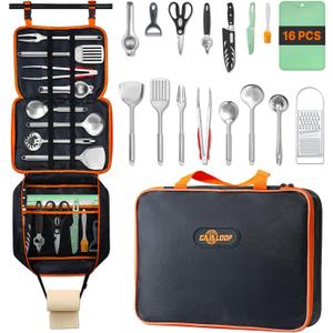 Portable Camping Cooking Utensils Set, Camp Kitchen Set with Organizer Bag, RV Essentials Outdoor Cooking Utensil Kit for Travel, Picnics, Camping, BBQs, Parties