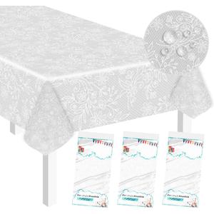 SietDESEO 3 Pack Plastic Lace Tablecloths for Rectangle Tables, 54 x 108 inches, Waterproof Disposable Table Covers for Wedding, Party, Birthday, Camping, White, 10 Seating Capacity