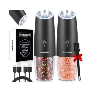 AmuseWit Gravity Electric Salt and Pepper Grinder Set [White Light] USB Rechargeable Automatic Pepper and Salt Mills,Adjustable Coarseness,One-Handed Operation,Matte Black