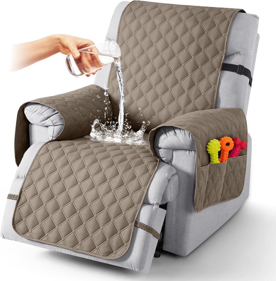 TAOCOCO 100% Waterproof Recliner Covers, Recliner Sofa Covers with Leg Straps, Reversible Recliner Couch Cover for Reclining Chair, Washable Couch Protector for Pets Kids(1 Seater 22", Taupe)