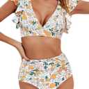 Women Ruffle High Waisted Swimsuit Two Piece Tropical Print Swimsuit Push Up Bathing Suit (Medium, Orange Ditsy Print)