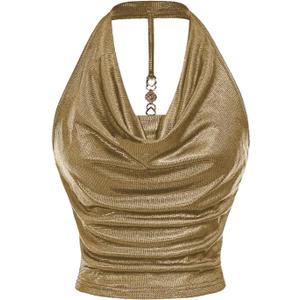 Milumia Women Metallic Halter Y2k Crop Tops Ruched Backless Cowl Neck Party Club Rave Sleeveless Shirts (X-Large, Yellow)