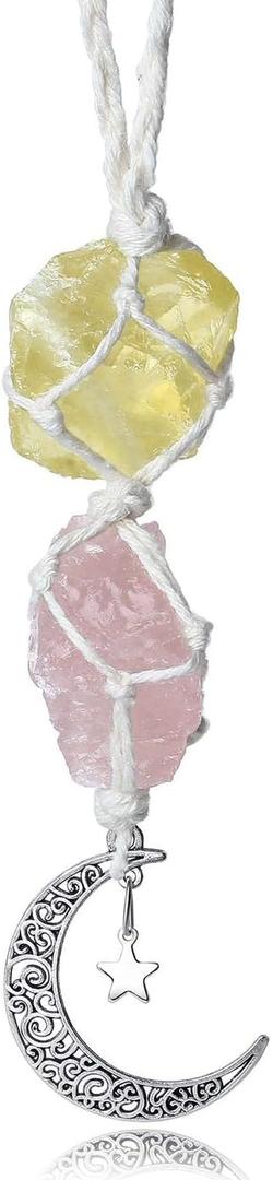 LAIDANLA Car Charm Crystal Hanging Accessories Citrine and Rose Quartz Rearview Mirror Decorations Dangling Moon Star Handmade Hanging Ornaments Protection Spiritual Energy