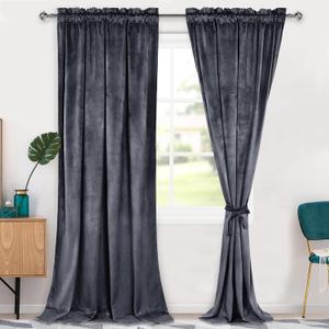 Hiasan Velvet Curtains 108 inches-Blackout Thermal Insulated Solid Soft Curtains for Bedroom Living Room Rod Pocket Room Darkening 2 Panels Window Drapes with Tiebacks, 52W x 108L, Dark Grey