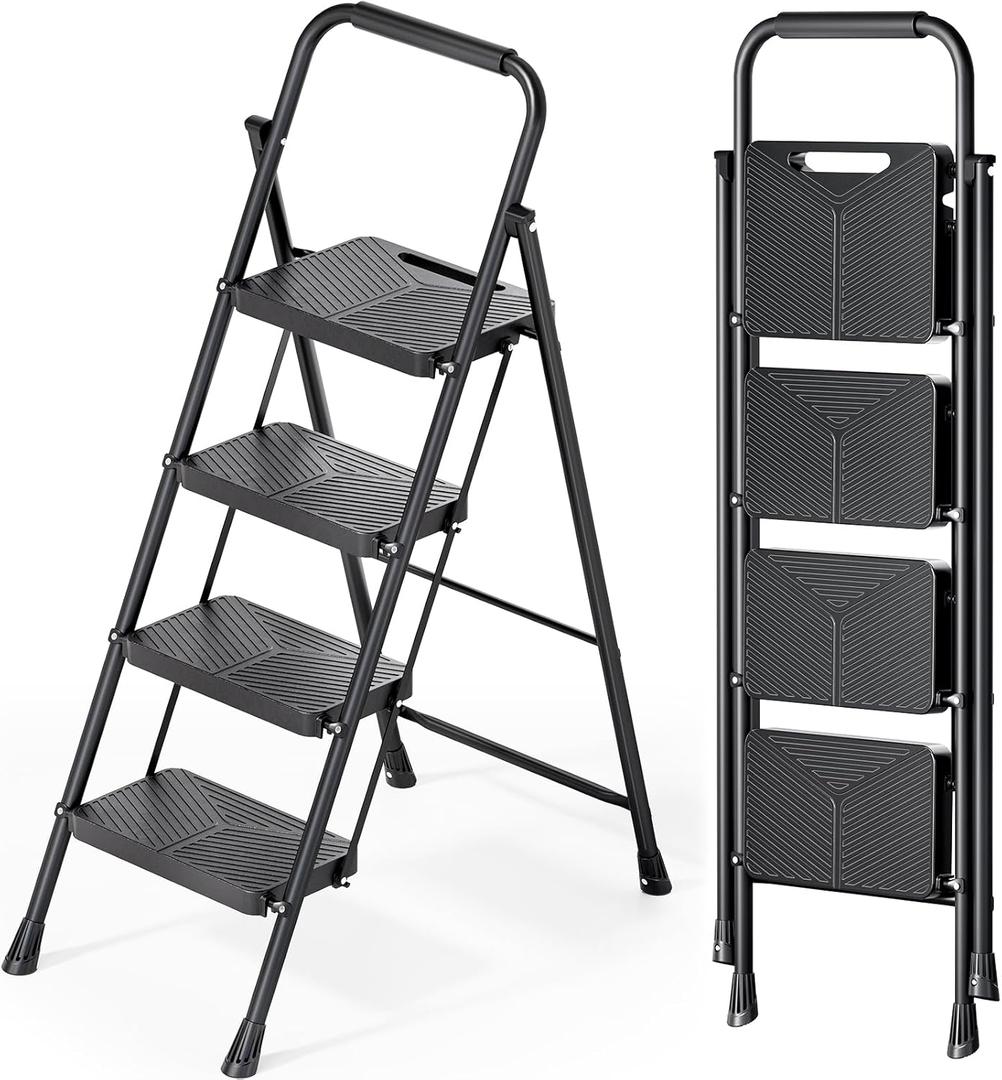 KINGRACK Folding 4 Step Ladder, Portable Ladder for Multi-Purpose, Home, Kitchen, Heavy Sturdy Steel Step Stool with Anti-Slip Wide Pedals, Handrail, Safe-Lock Design, Pass 500lbs Load Testing, Black