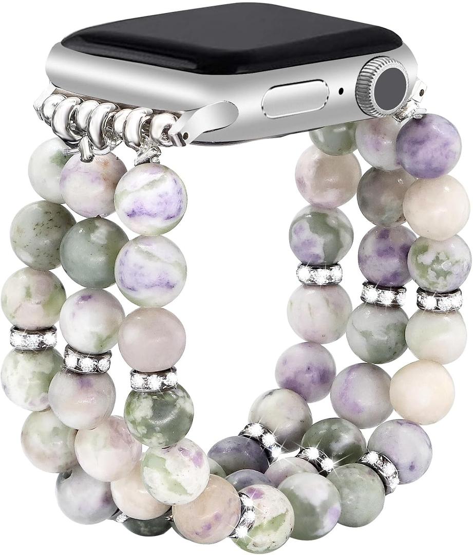 JR.DM Natural Stone Beaded-Bands Women Compatible with Apple Watch, Size: 41/40/38/42mm(Series 10/11), Fashion Stretch Handmade Bracelet Fancy Boho Elastic Strap for iWatch 