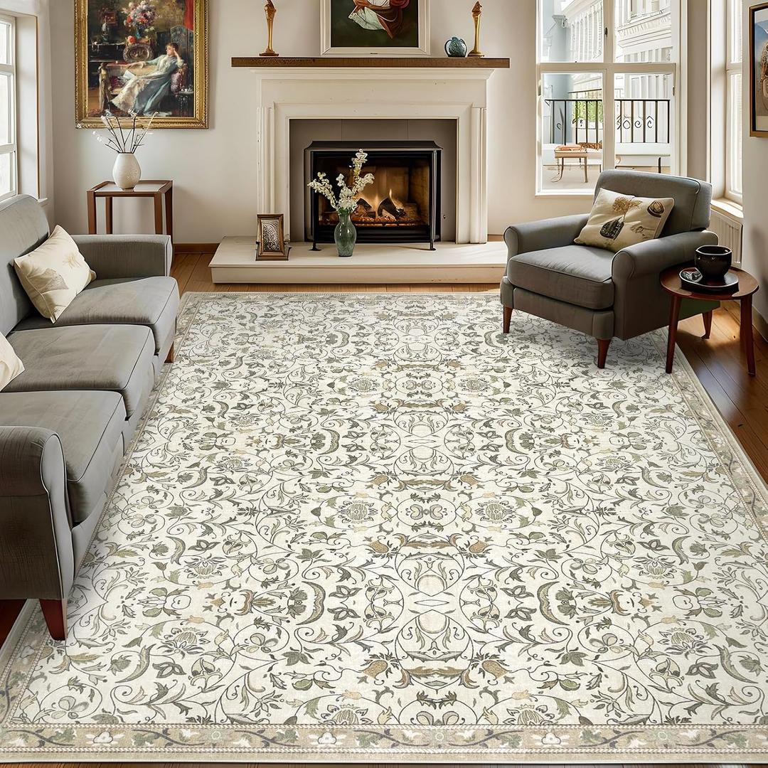 810 Washable Large Area Rugs for Living Room, Floral Soft Rug Non Slip Stain Resistant Carpet for Bedroom Dining Room Kitchen Farmhouse Home DecorBeige Multi 061
