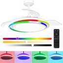 Retractable Ceiling Fan, 42 Inch Ceiling Fans with Lights and Remote, White RGB Ceiling Fan with 6 Speeds Reversible Blades, Modern Ceiling Fan for Bedroom Living Room Kitchen