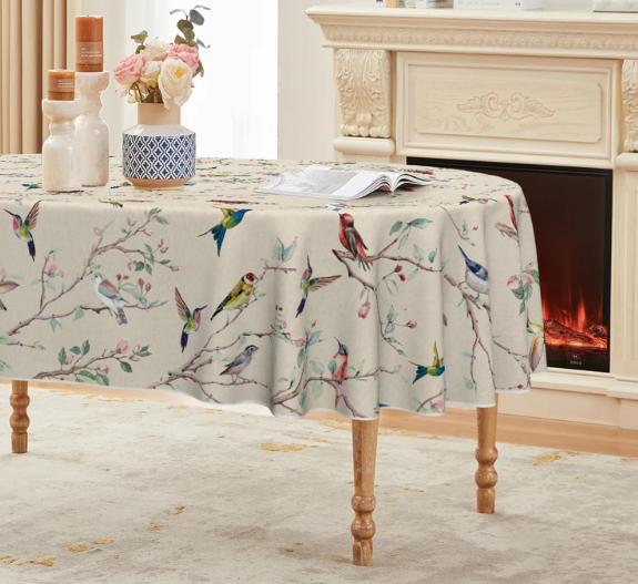 Horaldaily Spring Tablecloth Tablecloth 60×84 Inch Oval, Birds Branch Beige Floral Washable Seasonal Table Cover for Party Picnic Dinner Decor, 70" (Round)