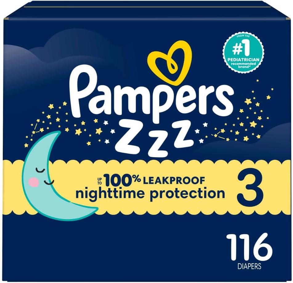 Pampers ZZZ Overnight Diapers, Size 3 (16-28 lbs), 116 Count, Nighttime Protection Disposable Baby Diaper, Night Time Leak and Skin Protection