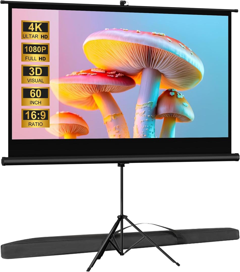 Outdoor Projector Screen with Stand Tripod, Indoor Pull Up Portable Projector Screen, 60 INCH 16:9 Adjustable Projection Screen with Carry Bag for Home Theater Backyard Party Movie Nights
