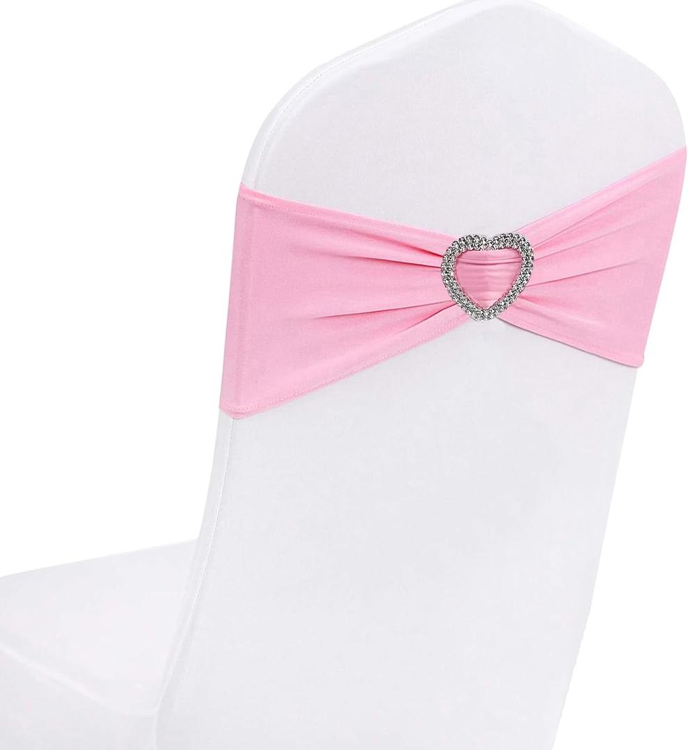WYFMYD Pink Chair Sashes for Wedding 50 Pack Spandex Pink Sashes for Chairs Covers Stretch Chair Sashes Band with Heart Buckle Slider Wedding Sashes Bows for Banquet Party Decorations