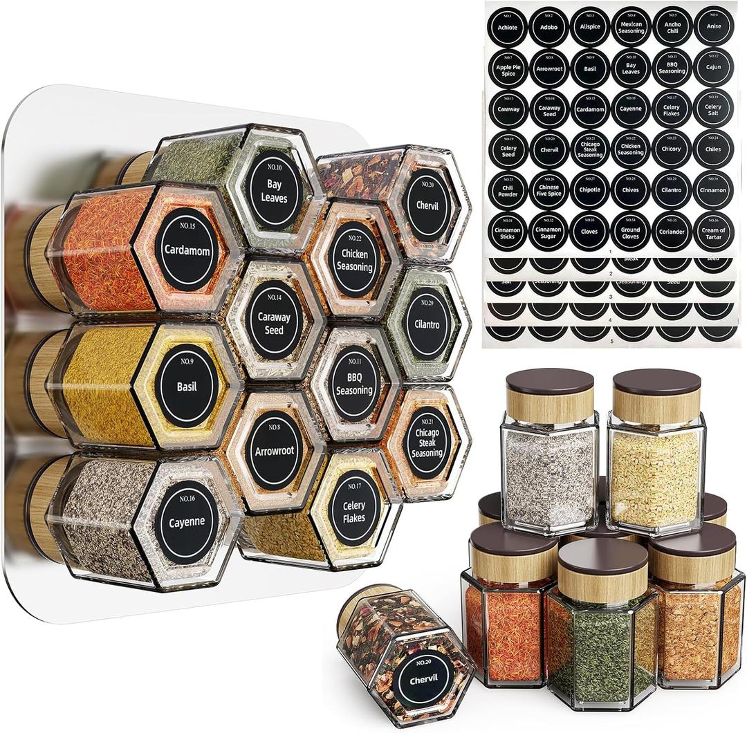 set of 12 magnetic glass spice tins with 180 seasoning label stickers