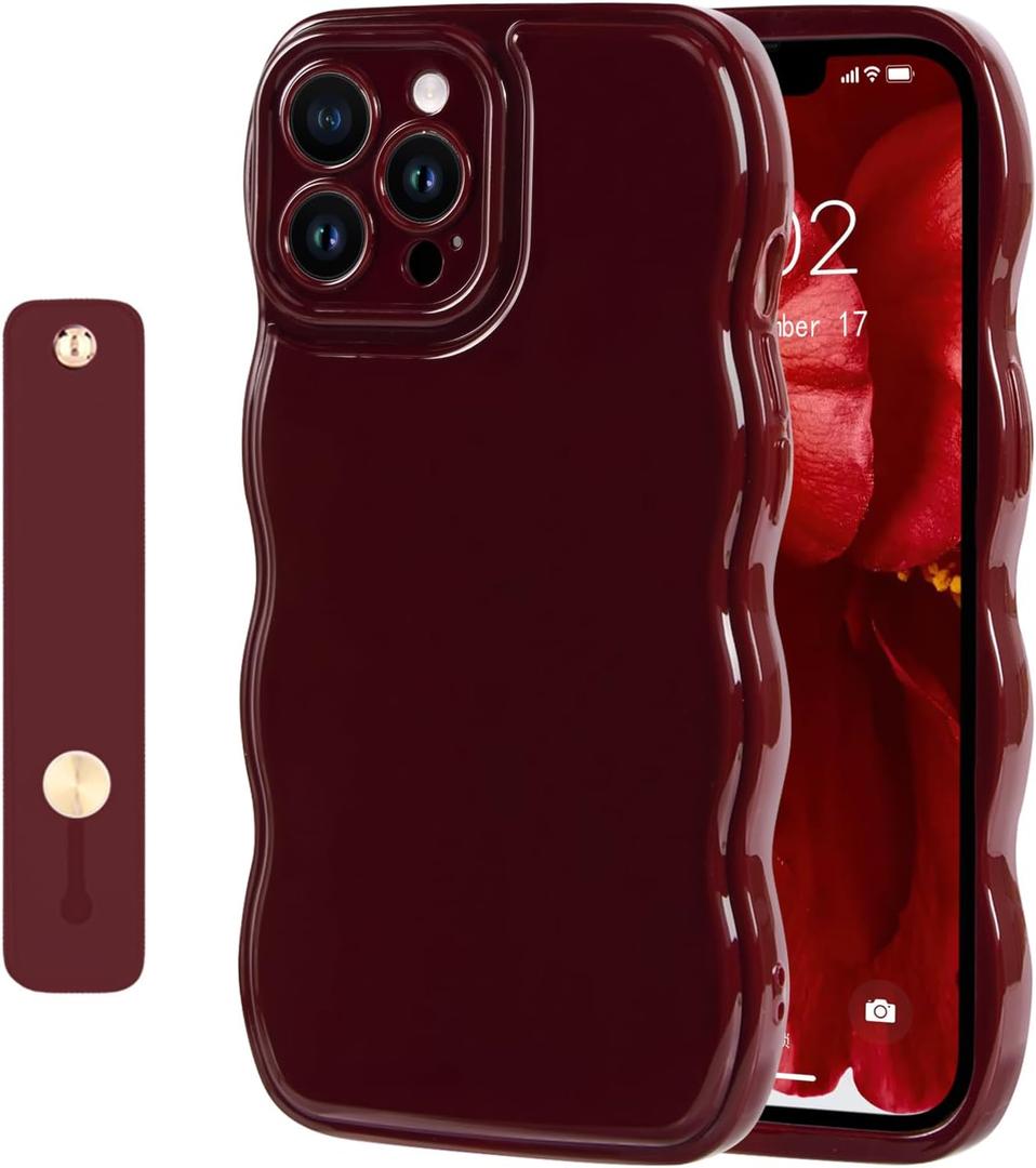NITITOP Compatible with iPhone 13 Pro Max Case Cute Simple Wave Design Stylish Wavy Curly Frame with Wrist Adjustable Hand Strap Kickstand Grip Holder Soft Silicone Protective Cover - Wine Red