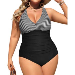 Aqua Eve Women Plus Size One Piece Swimsuits V Neck Tummy Control Bathing Suits Retro Ruched Swimwear Striped 14 Plus