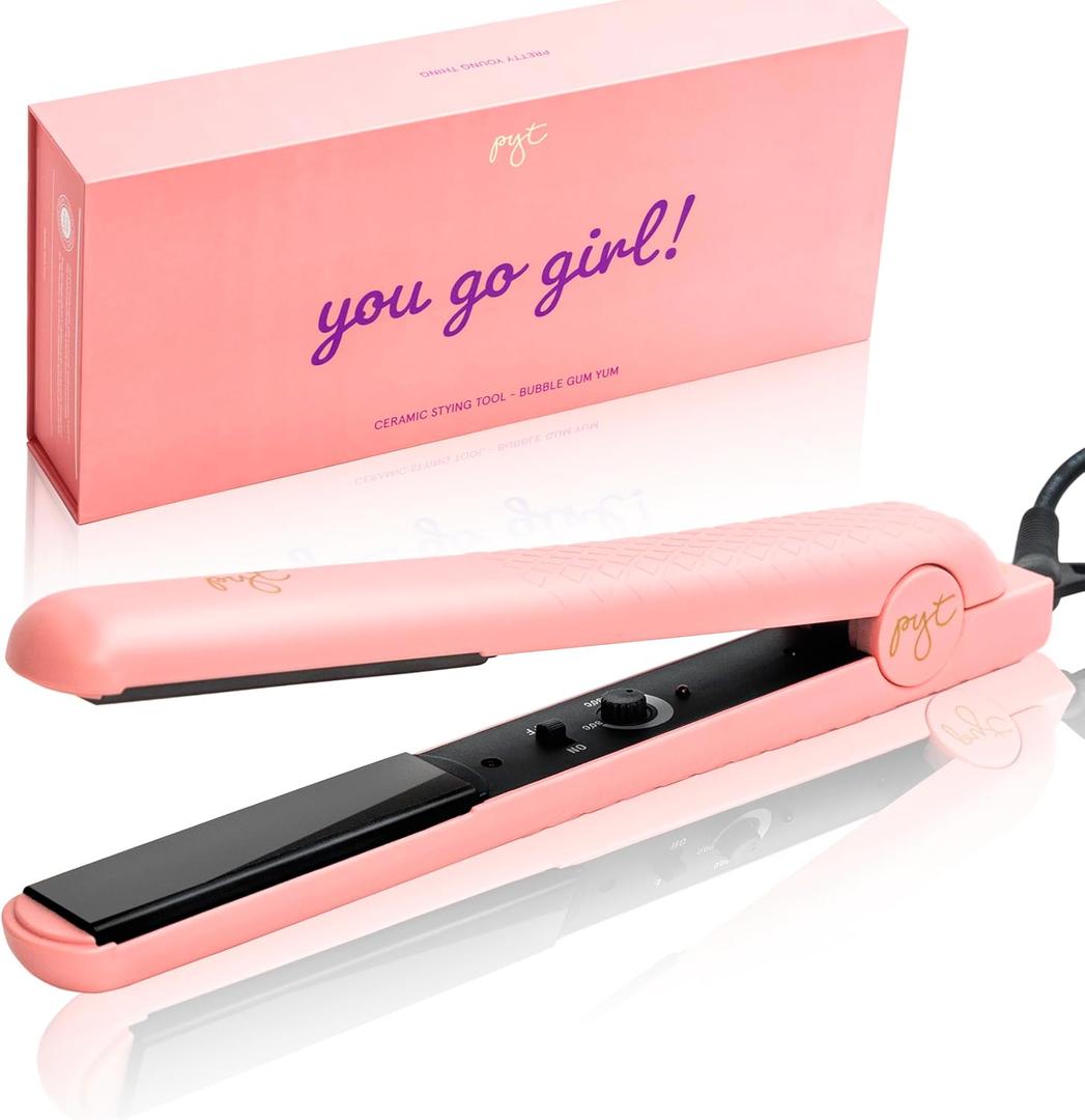 PYT 1.25 Professional Ceramic Hair Straightener  Negative Ion Flat Iron for Frizz-Free Shine, Adjustable Temperature, Dual Voltage, Lightweight Design, Straightens and Curls (Bubble Gum Yum)