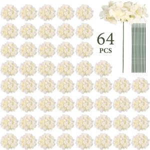 Auihiay 64pcs Silk Hydrangea Artificial Flowers, Champagne Artificial Hydrangea Flowers with Stems, Full Hydrangea Flowers for Wedding Centerpieces, Home, Garden, Party Decoration (Champagne)