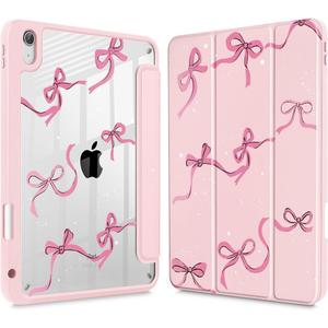 May Chen Case for iPad Air 13 Inch M4 2026, M3 2025, M2 2024, [Built-in Pencil Holder] Shockproof Cover with Clear Transparent Back Shell, Auto Sleep/Wake Cover, Pink Bows