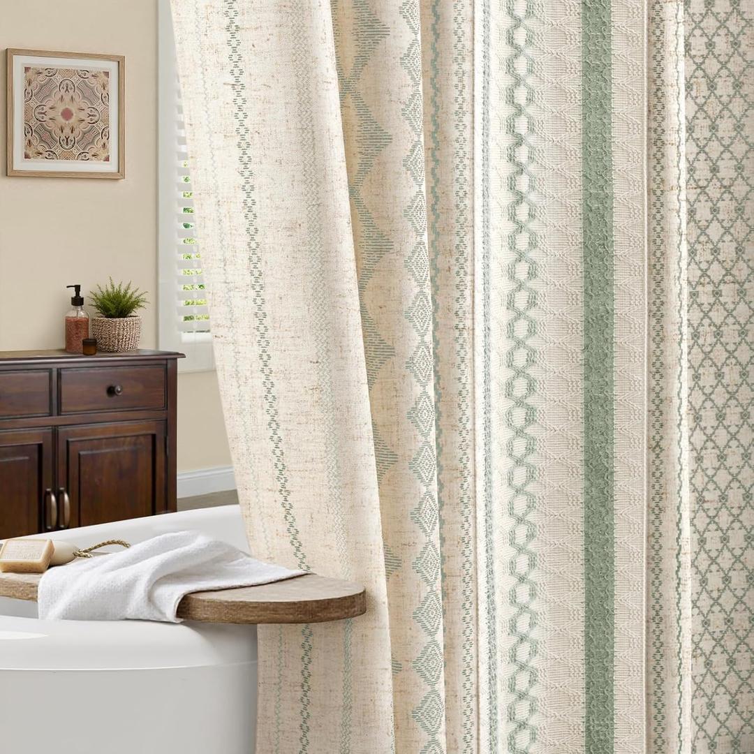 Sage Green Boho Shower Curtain for Bathroom, Linen Striped Print and Twine-Inspired Woven Center,72" W x 72" L