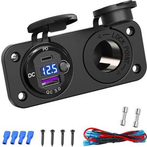 Cigarette Lighter Socket 12 Volt USB Outlet: PD 20W C and QC3.0 Car Port Aluminum Metal 12V Plug, 150W Charger Panel with Power Switch LED Voltmeter for Marine Boat RV Golf Cart