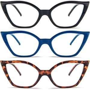 DXYXYO Cat Eye Reading Glasses for Women 3 Pack Anti Blue Light Computer Readers Stylish Retro with Spring Hinge (Black+blue+brown Leopard)