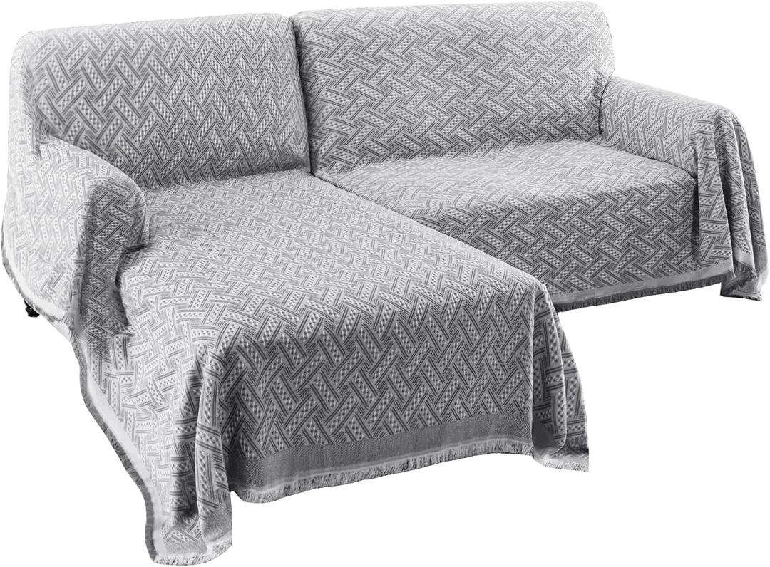 Turquoize Sectional Couch Covers L Shape Couch Cover Sectional Sofa Cover Washable 2 Pieces Blanket for Sectional Sofa Feature Geometrical Woven Jacquard Fabric (Chaise/2 Seats, Grey/White)