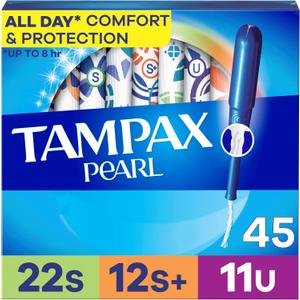 Tampax Pearl Tampons for Women Multipack, with LeakGuard Braid, Super/Super Plus/Ultra Absorbency, Unscented, 45 Count