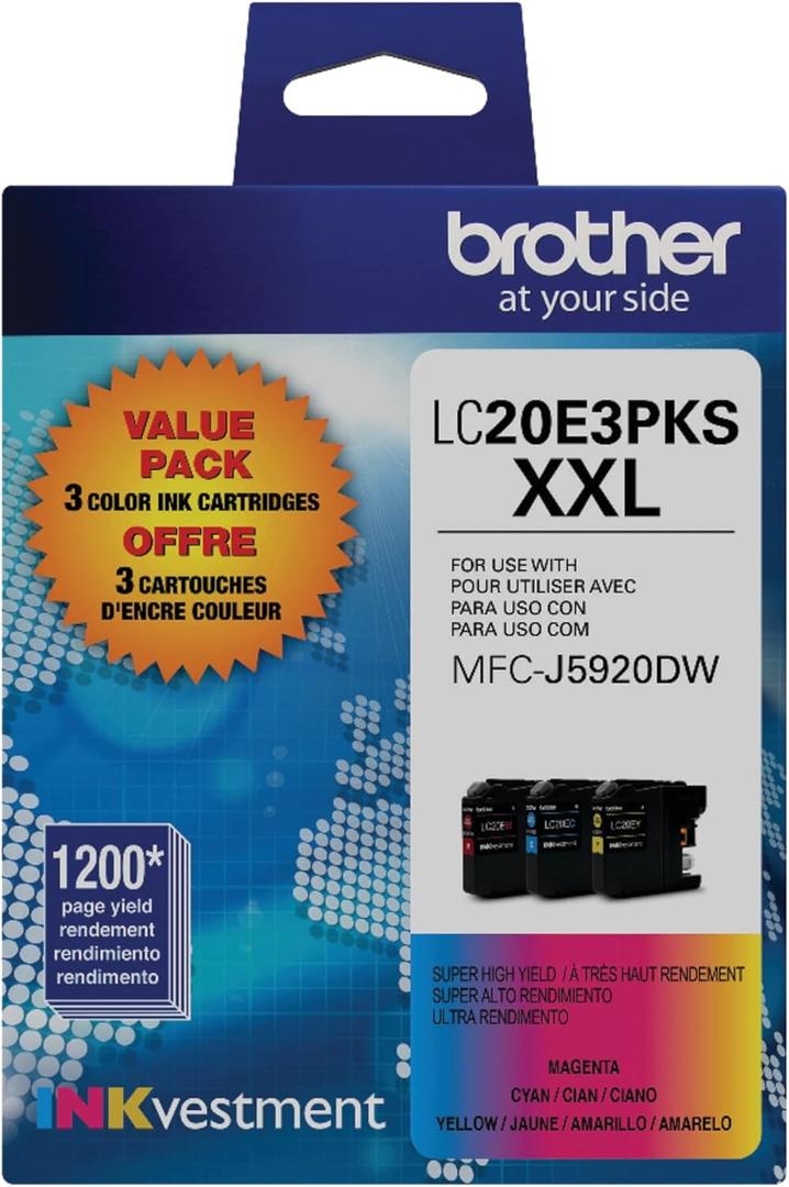 Brother Genuine High Yield Color Ink Cartridge, 1 Pack of LC20E, Replacement Color Ink Three Pack, Includes 1 Cartridge Each of Cyan, Magenta & Yellow, Page Yield Up to 1200 Pages/Cartridge, LC20E
