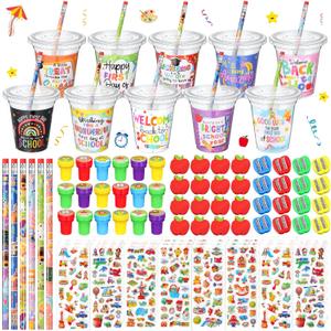 210 Pcs Back to School Stationery Gifts Welcome to School Gift Card First Day of School Stamp Pencil Sharpener Eraser Sticker Cup with Lid for School Classroom Party Exchange Gift Supplies