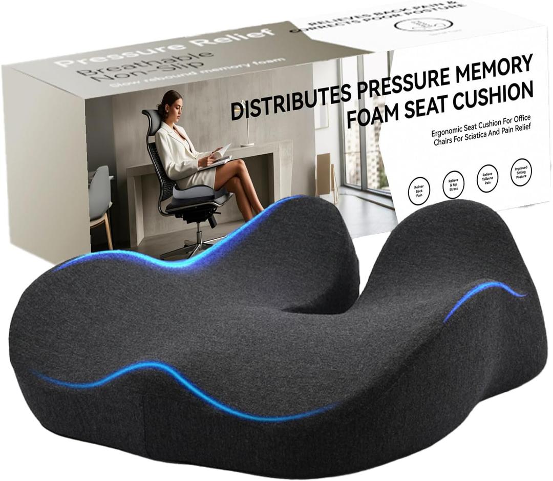 Memory Foam Seat Cushion for Office Chair, Car, Wheelchair  Coccyx Tailbone Support Pad for Sciatica & Back Pain Relief, Ergonomic Chair Cushion for Home, Travel, Work Desk (Dark Gray)