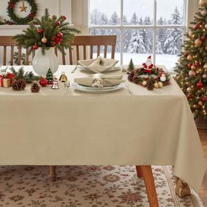SASTYBALE Christmas Rectangle Tablecloth 52" x 70" Beige, Spillproof Dust-Proof Wrinkle Resistant Washable Textured Linen Table Cloth for Christmas Holiday Winter Dinning Parties