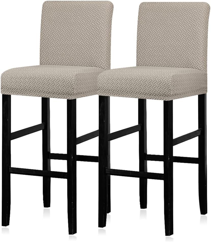 Lellen Bar Stool Covers Set of 2,Stretch Washable Barstool Seat Covers Removable Bar Chair Covers with Backs,Counter Height Bar Stool Chair Covers for Kitchen Dining Room Cafe, Covers Fit Chair Back Height: 12-15"; Chair Back Width: 14-17"; Chair Back Thickness: 1-3"; Chair Seat Length: 14-17"; Chair Seat Width: 14-17"; Chair Seat Thickness: 1.5-4" (Twill T-shaped Khaki)