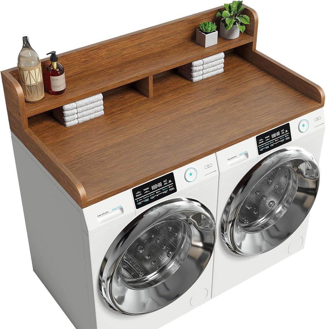 2-Tier Washer Dryer Countertop with 2.75" H Edge Rails, 54" W x 27.55" D Laundry Countertop for Folding Clothes, Washer and Dryer Topper with Non-Slip Pad (Brown)