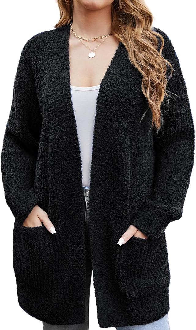 Snuggle Sac Cardigan Sweaters for Women with Pocket Trendy Casual Long Sleeve Tops Open Front Fall Winter Coats (Black, L)