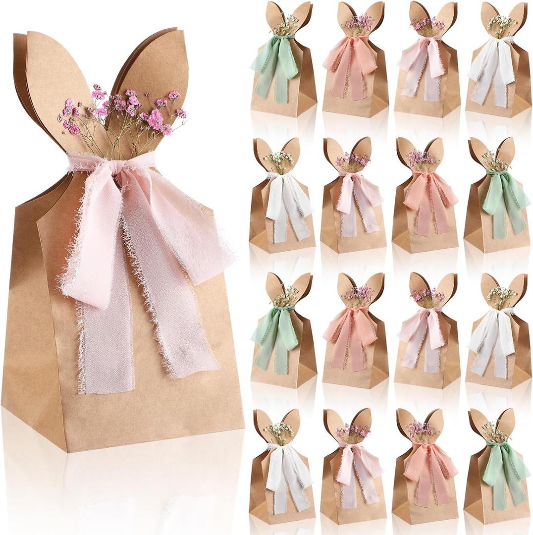 Affrolling 24 Set Easter Gift Bags Bunny Party Favor 10.6 x 4.9 Inch DIY Easter Treat Boxes with Pastel Bow Ribbon and Flowers Boho Paper Rabbit Ears Candy Goody Bags Bulk for Spring Birthday Party