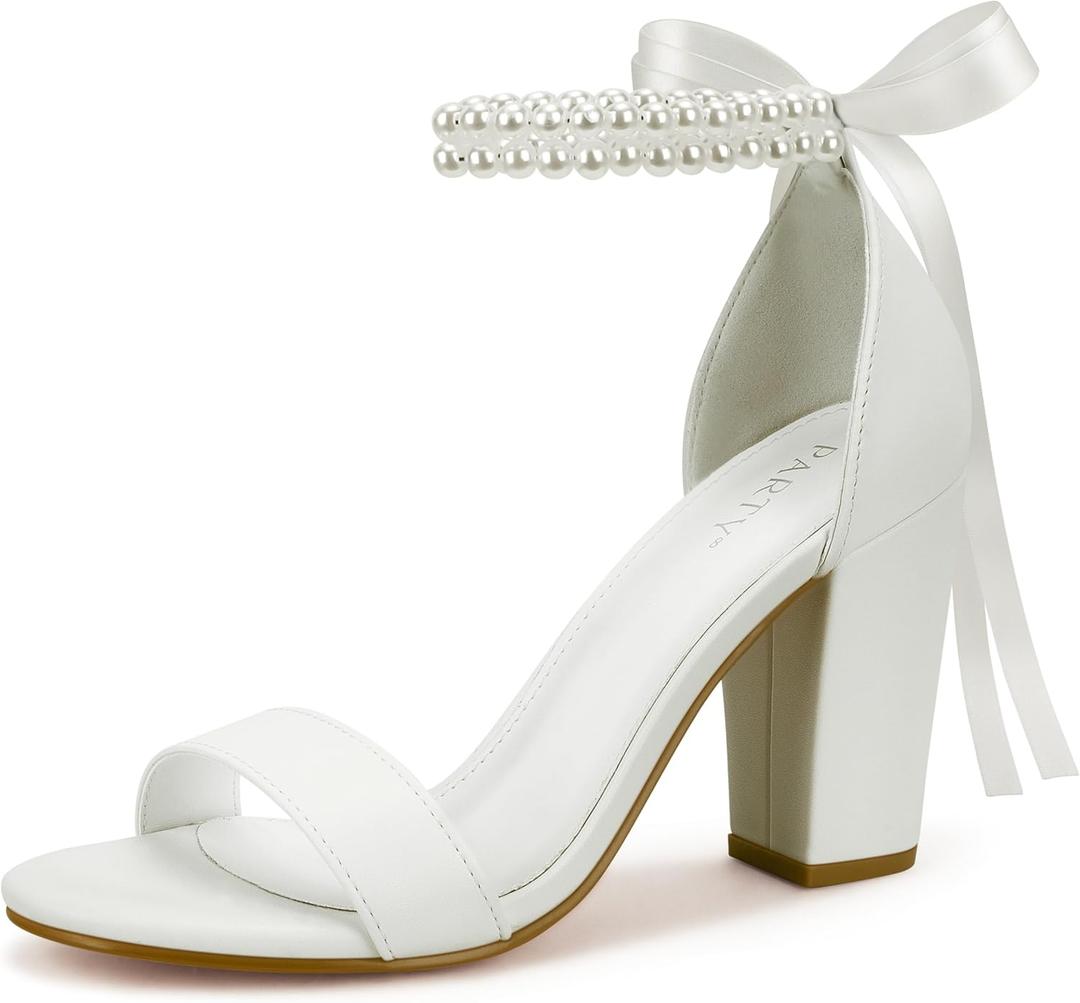 PARTY Women's Chunky Heels Open Toe Ankle Strap 3 inch Heeled Sandals (7.5, White Pearl)