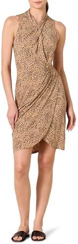 Amazon Essentials Women's Sleeveless Crossover Twist Neck Faux Wrap Dress, Medium, Light Camel Leopard