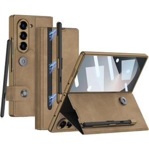 SHIEID Galaxy Z Fold 6 Case with S Pen Holder Leather Wallet Cover with Detachable Magnetic Pen Slot, Card Holder, Kickstand, and Screen Protector for Samsung Z Fold 6 Phone Case, Matte Brown