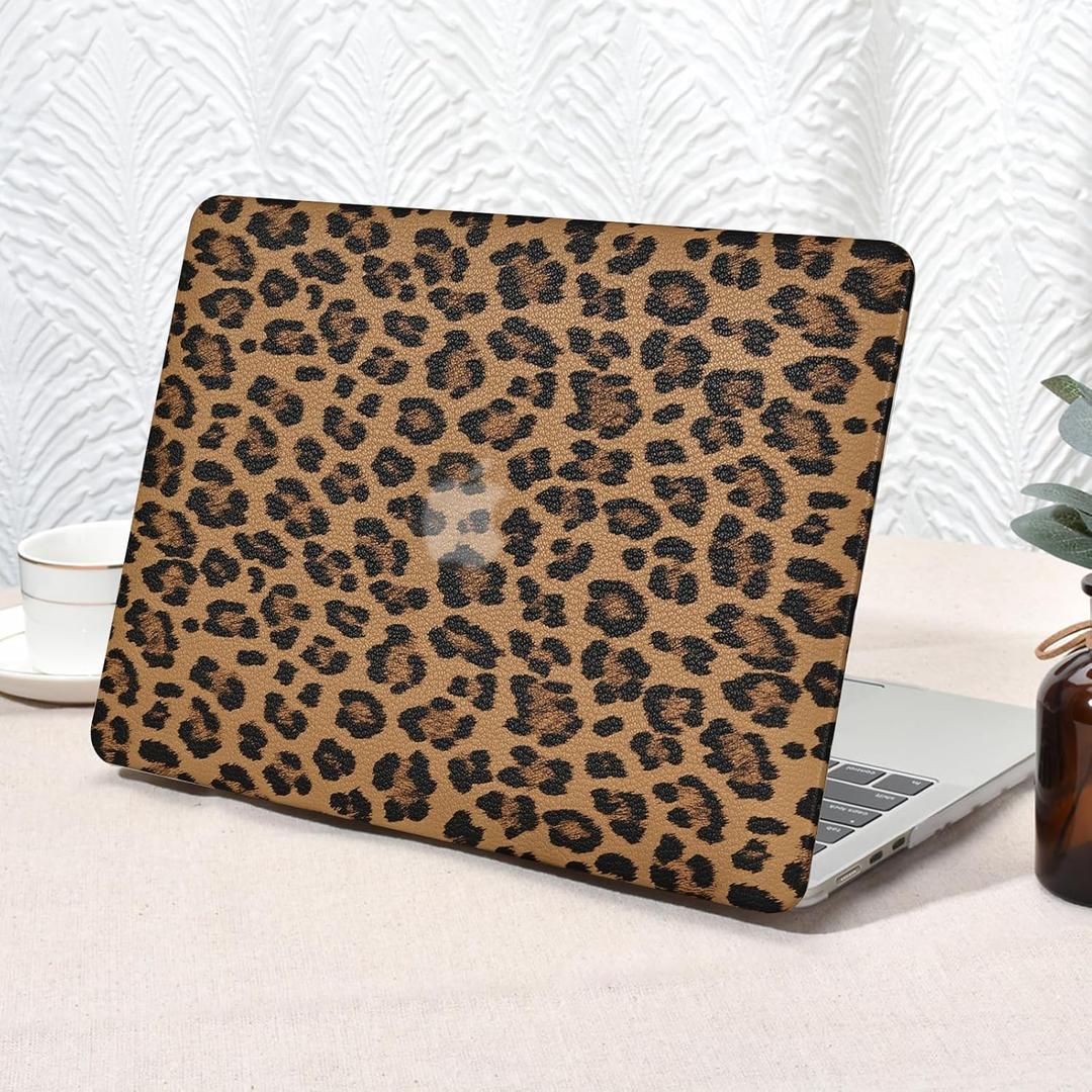Seorsok Compatible with New MacBook Air 13.6 inch Case 2022 Release A2681 M2&A3113 M3, Elegant Leopard Grain Leather Plastic Hard Shell Case with Keyboard Cover, Brown