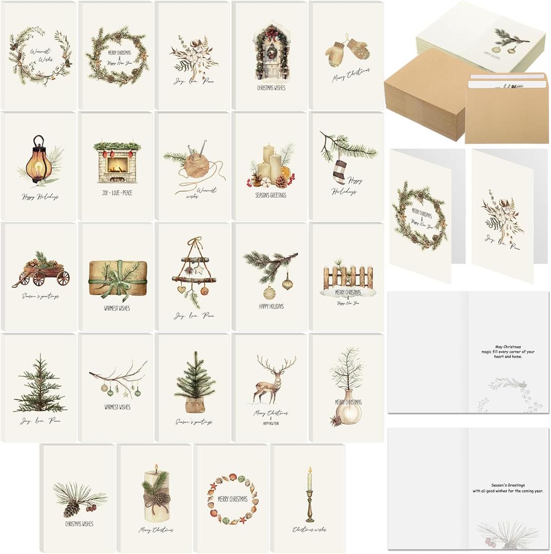 240 Sets Rustic Christmas Cards with Kraft Envelopes, 4"x 6" Vintage Christmas Cards Watercolor Designs for Winter Holidays Xmas Party Favors