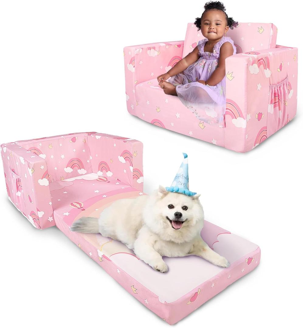 Kids Couch, 2-in-1 Toddler Sofa Fold Out, Soft Toddler Chair for Boys and Girls, Convertible Sofa to Lounger- Ideal for Napping, Reading, and Playing (Pink Unicorn)
