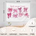 AQYIP Coquette Pink Bow Christian Tapestry Wall Hanging, God Says I Am Inspirational Bible Verse Tapestry Decorative, Pink Girly Christian Wall Decor for Room, 50x60 Inch