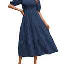 MEROKEETY Women's 2025 Boho Short Sleeve Crewneck Smocked Dress Floral Swing A-Line Beach Dresses,Navy, XL