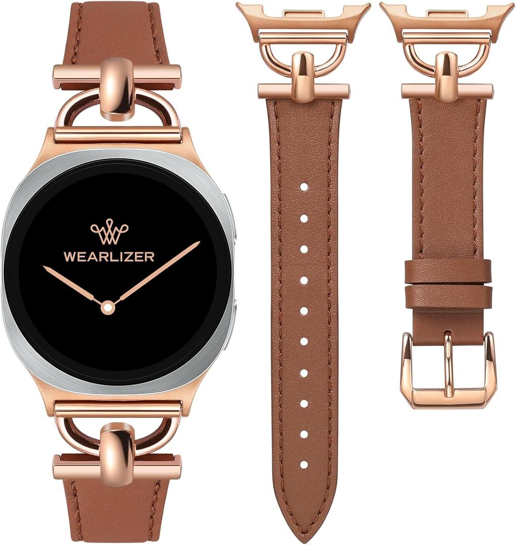 Wearlizer Leather Bands Compatible with Samsung Galaxy Watch 8 Band 40mm 44mm/Watch 8 Classic 46mm, Dressy Designer Slim Leather Strap Wristband Accessories with D-Shape Metal Buckle for Women (Brown/Rose Gold)