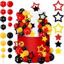 57 Pcs Black Red Yellow Ball Star Cake Topper Set Cartoon Cake Decorations with Flag DIY Insert Topper for One Two Years Happy Birthday Decorations Baby Shower Party Supplies(Happy Birthday)